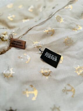 NEW Bijoux Terner Cream Scarf Metallic Gold Nautical Ship Wheels Anchors Gift